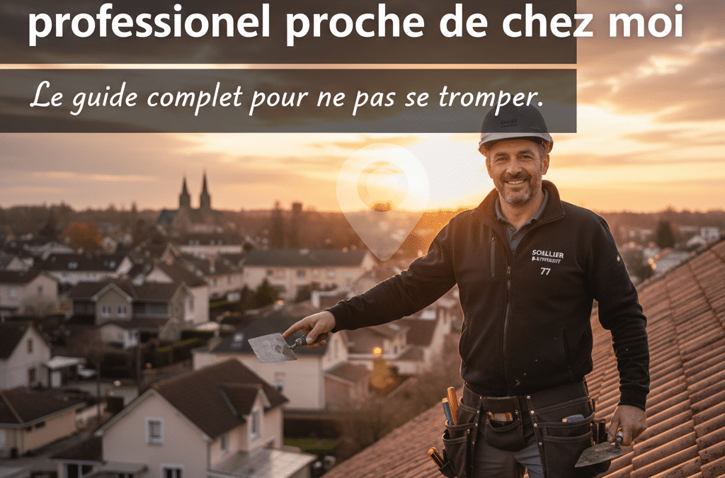 Couvreur professionnel Soullier Bâtiment sur un toit en tuiles au coucher de soleil, tenant une truelle, avec une ville de Seine-et-Marne (77) en arrière-plan.