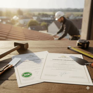 Artisan couvreur certifié Soullier Bâtiment travaillant sur toiture, symbolisant qualifications RGE et garantie décennale.